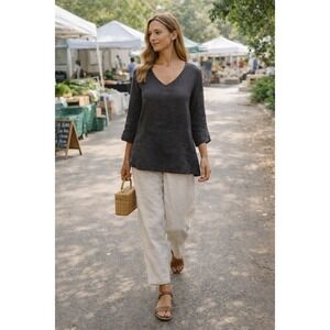 FLAX Linen Tunic Top V Neck 3/4 Sleeve Black Size P